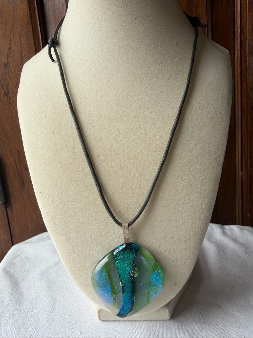 Art Glass Pendant Necklace Blue Green Dichroic Style Fused Glass Adjustable Cord